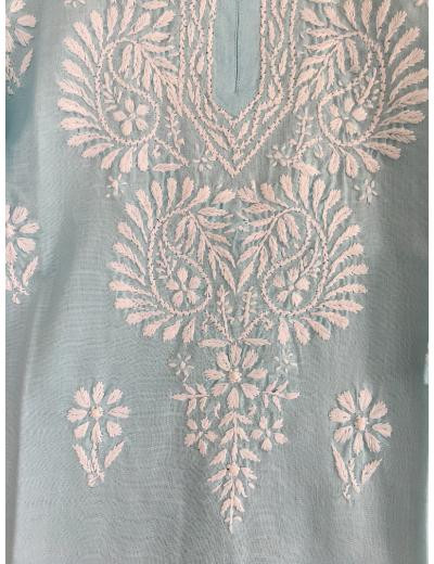Chhangamal Hand Embroidered Sky Blue Colour Cotton Chikankari Kurti