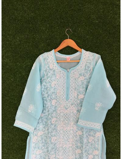 Chhangamal Hand Embroidered Sky Blue Colour Cotton Chikankari Kurti