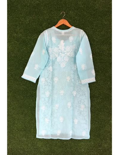 Chhangamal Hand Embroidered Sky Blue Colour Cotton Chikankari Kurti