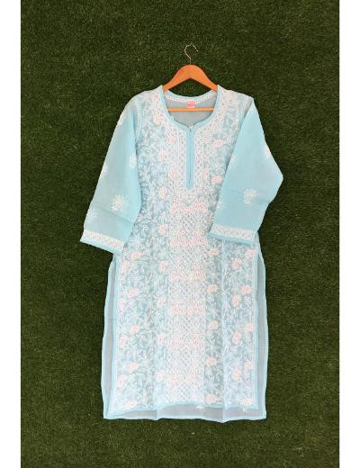 Chhangamal Hand Embroidered Sky Blue Colour Cotton Chikankari Kurti