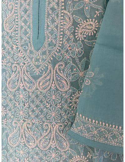 Chhangamal Hand Embroidered Sky Blue Colour Cotton Chikankari Kurti