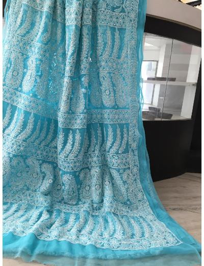 Chhangamal Hand Embroidered Sky Blue Colour Georgette Chikankari Saree