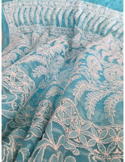 Chhangamal Hand Embroidered Sky Blue Colour Georgette Chikankari Saree