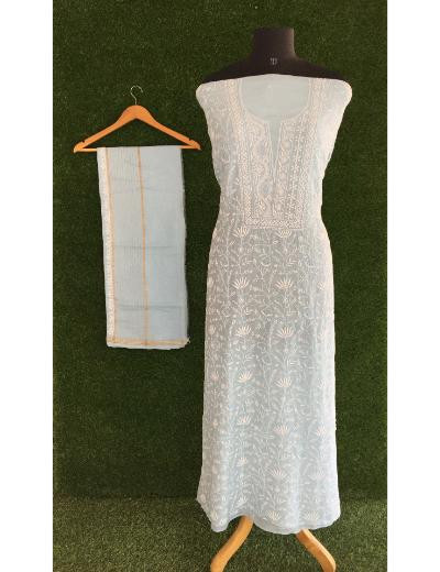 Chhangamal Hand Embroidered Sky Blue Colour Mul Chanderi Chikankari Kurta Dupatta Piece