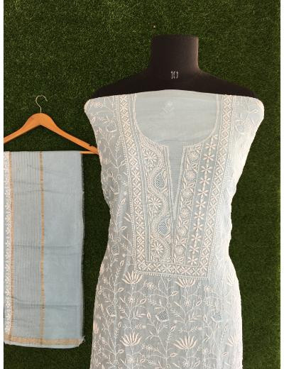 Chhangamal Hand Embroidered Sky Blue Colour Mul Chanderi Chikankari Kurta Dupatta Piece