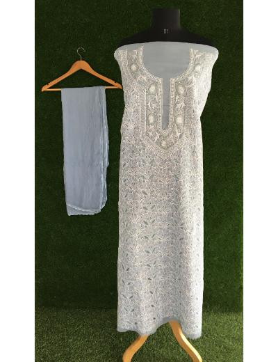 Chhangamal Hand Embroidered Slate Grey Colour Cotton Chikankari Suit Piece