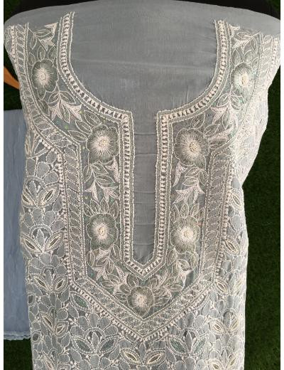 Chhangamal Hand Embroidered Slate Grey Colour Cotton Chikankari Suit Piece