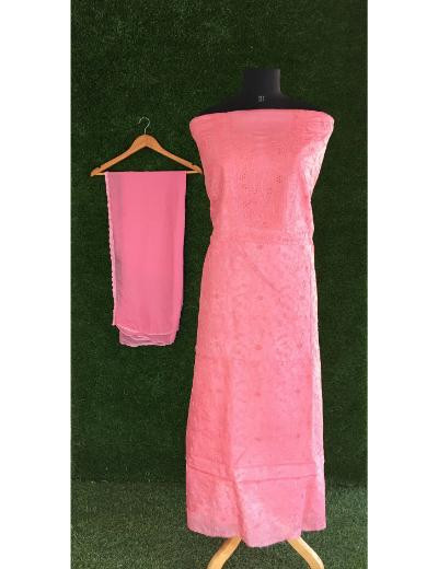 Chhangamal Hand Embroidered Tomato Pink Colour Silk Chikankari Suit