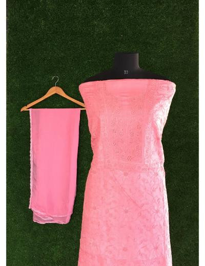 Chhangamal Hand Embroidered Tomato Pink Colour Silk Chikankari Suit