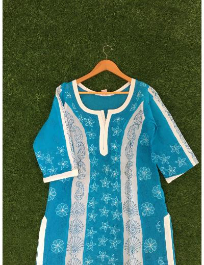 Chhangamal Hand Embroidered Turquise Colour Cotton Chikankari kurti