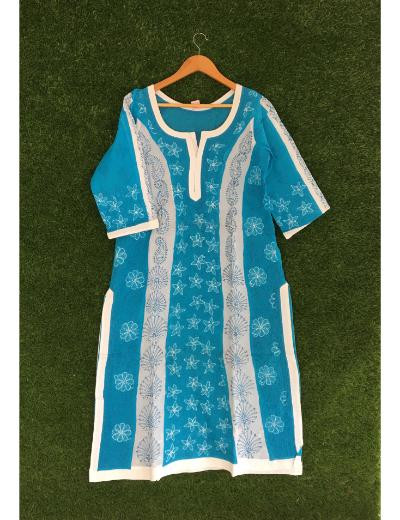 Chhangamal Hand Embroidered Turquise Colour Cotton Chikankari kurti