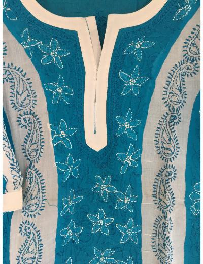 Chhangamal Hand Embroidered Turquise Colour Cotton Chikankari kurti
