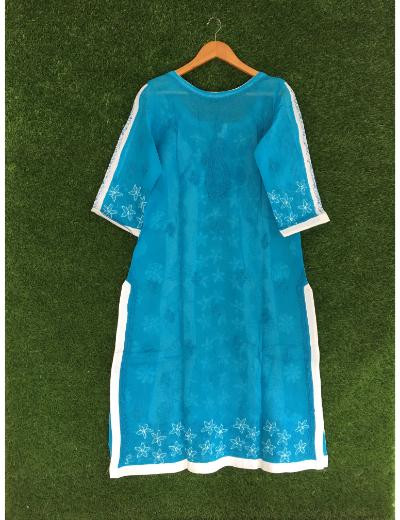 Chhangamal Hand Embroidered Turquise Colour Cotton Chikankari kurti