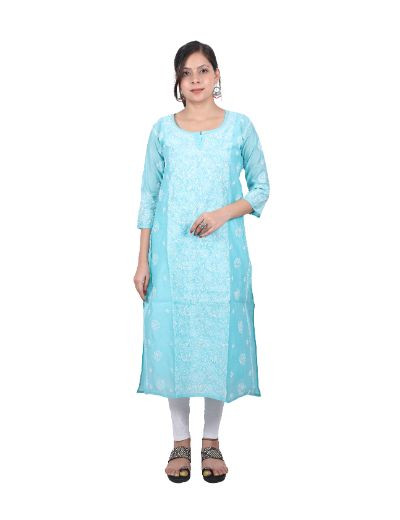 Chhangamal Hand Embroidered Turquoise Blue Colour Chanderi Cotton Chikankari Kurti