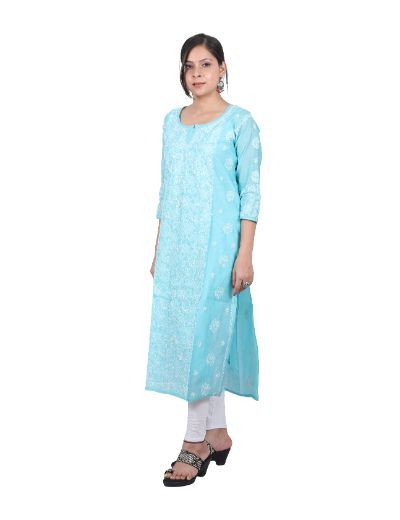 Chhangamal Hand Embroidered Turquoise Blue Colour Chanderi Cotton Chikankari Kurti