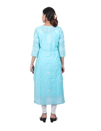 Chhangamal Hand Embroidered Turquoise Blue Colour Chanderi Cotton Chikankari Kurti