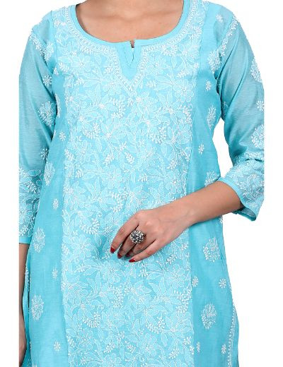Chhangamal Hand Embroidered Turquoise Blue Colour Chanderi Cotton Chikankari Kurti