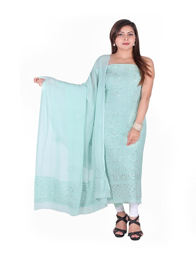 Chhangamal Hand Embroidered Turquoise Blue Pure Georgette Suit Length