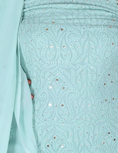 Chhangamal Hand Embroidered Turquoise Blue Pure Georgette Suit Length