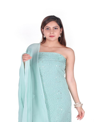 Chhangamal Hand Embroidered Turquoise Blue Pure Georgette Suit Length