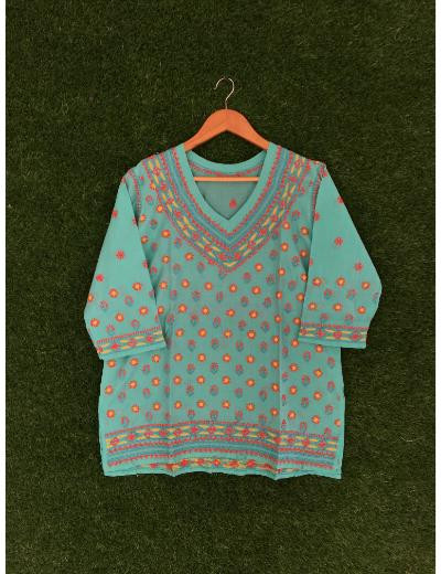 Chhangamal Hand Embroidered Turquoise Colour Cotton Chikankari Top