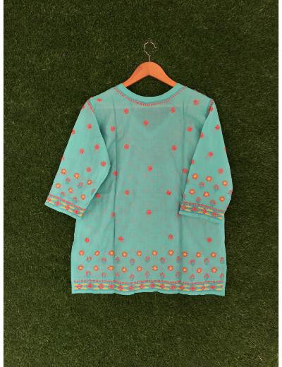 Chhangamal Hand Embroidered Turquoise Colour Cotton Chikankari Top