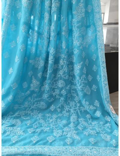 Chhangamal Hand Embroidered Turquoise Colour Georgette Chikankari Saree