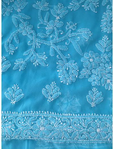 Chhangamal Hand Embroidered Turquoise Colour Georgette Chikankari Saree