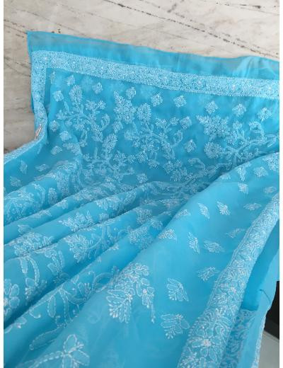 Chhangamal Hand Embroidered Turquoise Colour Georgette Chikankari Saree