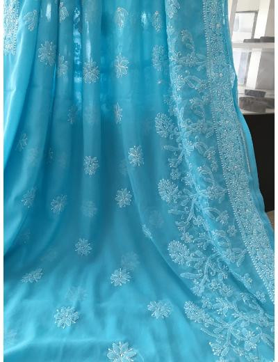 Chhangamal Hand Embroidered Turquoise Colour Georgette Chikankari Saree
