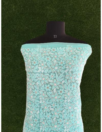 Chhangamal Hand Embroidered Turquoise Yellow Colour Pure Georgette Chikankari Kurta Piece