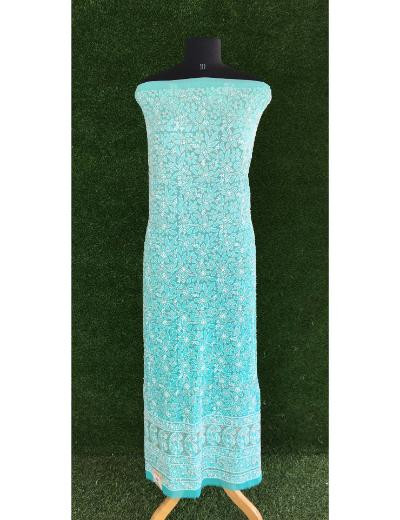 Chhangamal Hand Embroidered Turquoise Yellow Colour Pure Georgette Chikankari Kurta Piece