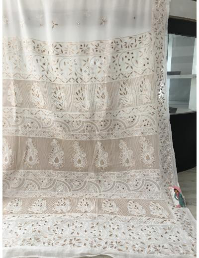 Chhangamal Hand Embroidered White  Colour Pure Georgette  Chikankari Saree Piece