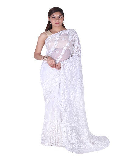 Chhangamal Hand Embroidered White Chikankari Georgette Saree