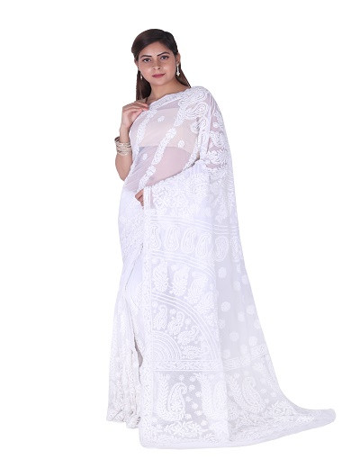 Chhangamal Hand Embroidered White Chikankari Georgette Saree