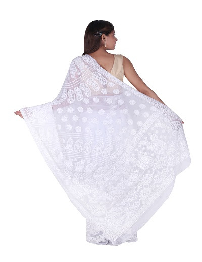 Chhangamal Hand Embroidered White Chikankari Georgette Saree