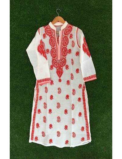 Chhangamal Hand Embroidered White Colour Chanderi Chikankari kurti
