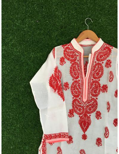 Chhangamal Hand Embroidered White Colour Chanderi Chikankari kurti