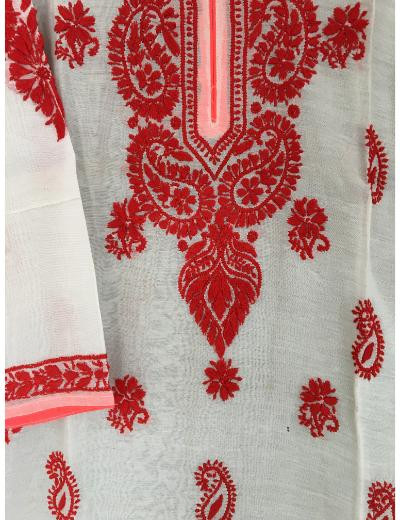 Chhangamal Hand Embroidered White Colour Chanderi Chikankari kurti