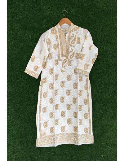 Chhangamal Hand Embroidered White Colour Chanderi Chikankari kurti