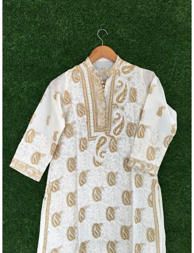 Chhangamal Hand Embroidered White Colour Chanderi Chikankari kurti