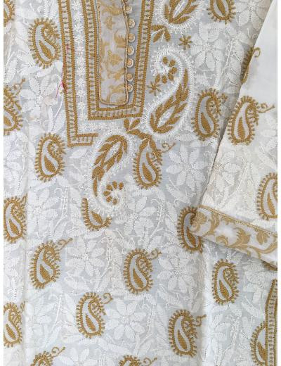 Chhangamal Hand Embroidered White Colour Chanderi Chikankari kurti