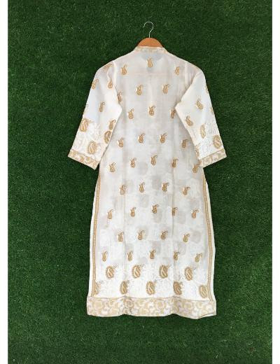 Chhangamal Hand Embroidered White Colour Chanderi Chikankari kurti