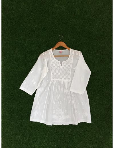 Chhangamal Hand Embroidered White Colour Chanderi Chikankari Top
