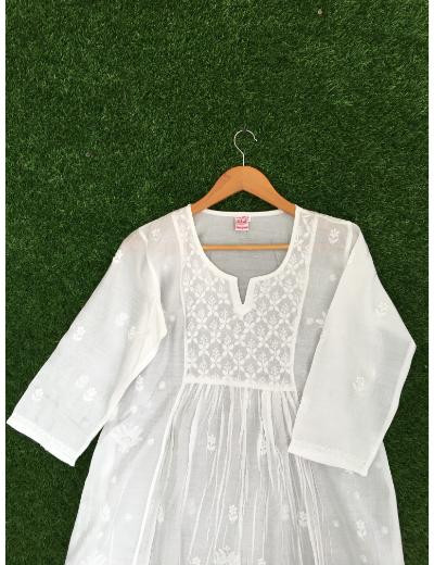 Chhangamal Hand Embroidered White Colour Chanderi Chikankari Top