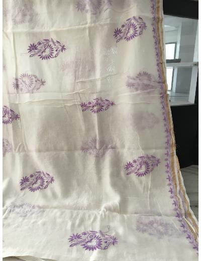 Chhangamal Hand Embroidered White Colour Chanderi Silk Chikankari Saree