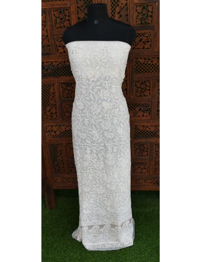 Chhangamal Hand Embroidered White Colour Chikankari Pure Georgette Unstitched Kurta Length