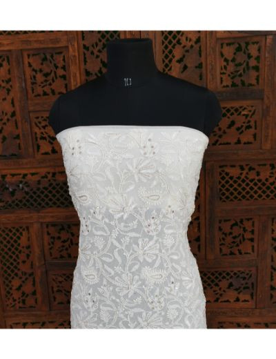 Chhangamal Hand Embroidered White Colour Chikankari Pure Georgette Unstitched Kurta Length