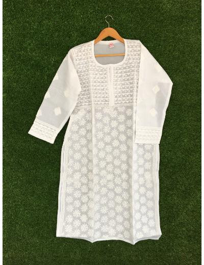 Chhangamal Hand Embroidered White Colour Cotton Chikankari Kurti