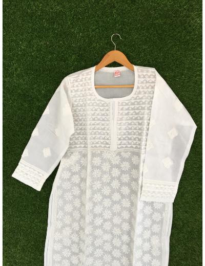 Chhangamal Hand Embroidered White Colour Cotton Chikankari Kurti